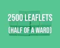 Graphic showing donation for 2500 leaflets represented by 5 bundles of leaflets.